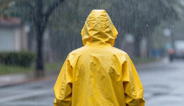 Person wearing yellow raincoat walking in rain on urban street  