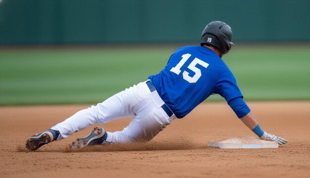 Baseball player sliding into base while playing on field  
