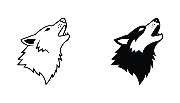 Wolf head howling at the sky vector graphic icon set in detailed line art and solid black silhouette for animal branding