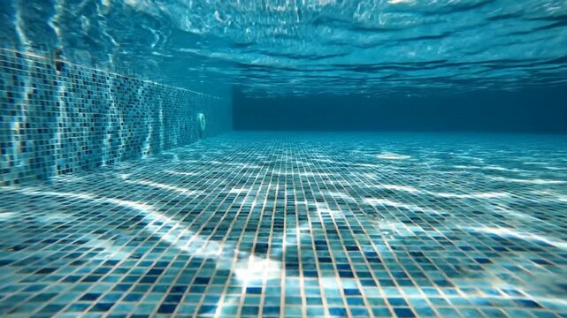 Underwater view of empty swimming pool with blue mosaic tiles and sunlight caustics