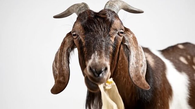 Curious Goat Chewing Dried Corn on a White Background
