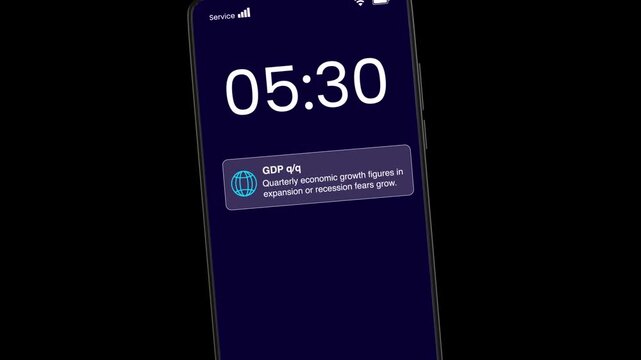 Smartphone screen displaying 05:30 time with GDP q/q economic growth alert