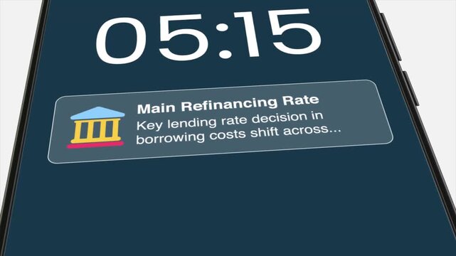 Smartphone screen displaying main refinancing rate update at 05:15 with a bank icon and notification