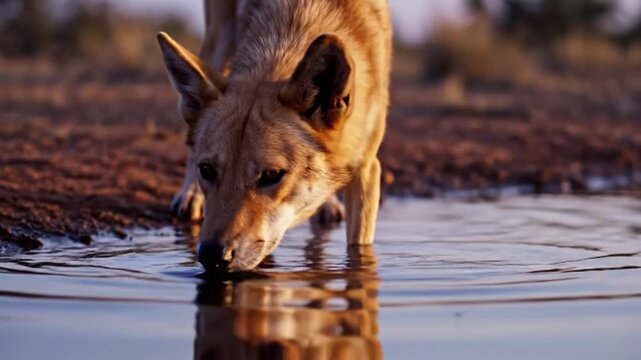 Dingo Drinks Water at Dusk in Australian Outback