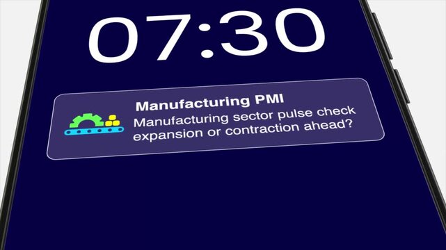 Smartphone screen displaying manufacturing PMI notification at 07:30