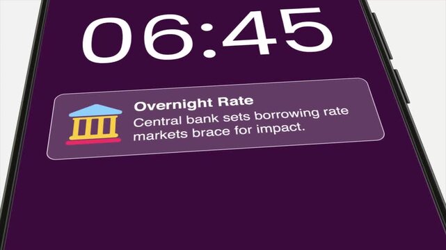 Central bank notification on smartphone screen at 06:45 about overnight rate and borrowing rate impact on markets