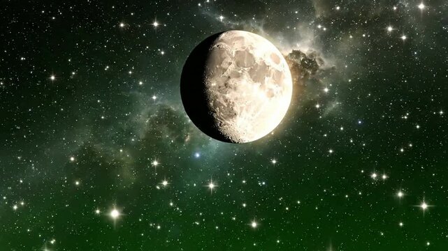 Glowing moon phase transition in deep green space nebula with twinkling stars lunar galaxy