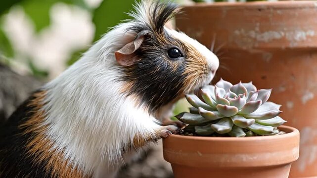 Crested Guinea Pig Inspects Succulent Plant in Terracotta Pot