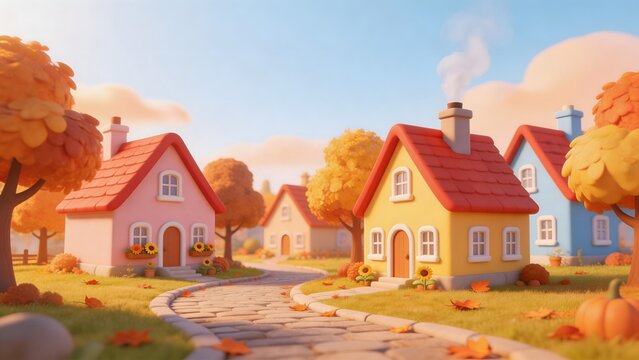 Colorful cartoon houses on a cobblestone path