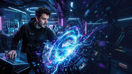 Fototapeta premium Technician interacting with a holographic energy interface in a futuristic laboratory. Future technology concept