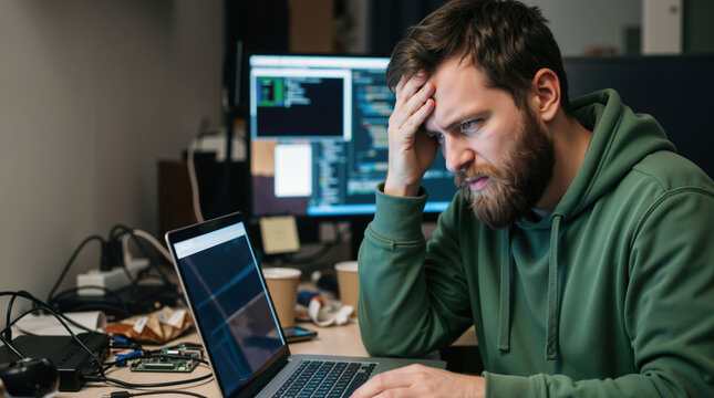 Stressed programmer working on code at night. Frustrated developer looking at laptop screen in dark office