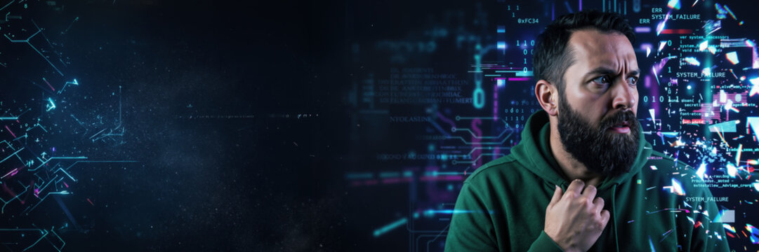 Hacker in hoodie looking at digital data breach. Cyber security concept with glowing code and system failure text. Banner with copy space