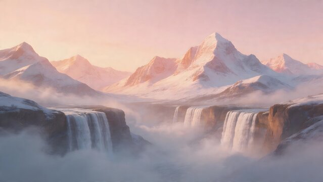 Snowy mountain waterfall landscape