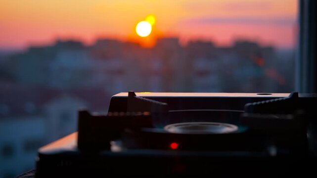 Portable gas stove stands on windowsill during beautiful sunrise. Warm sunrise illuminating urban skyline through window, portable gas stove casting soft glow on windowsill