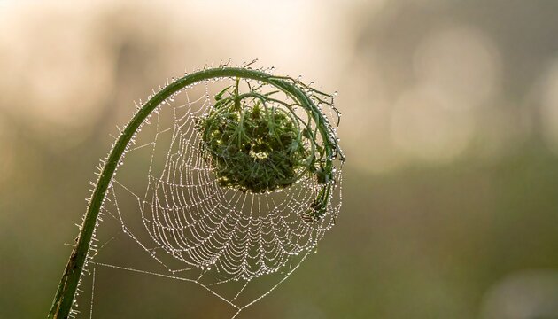 Spider Web on Green Stem Closeup.