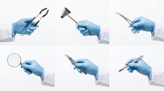Hands in blue gloves holding medical instruments: forceps reflex hammer tweezers