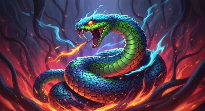 Vibrant mythical serpent with iridescent scales and glowing eyes, exhaling fiery breath amidst an ominous, infernal forest of twisted roots