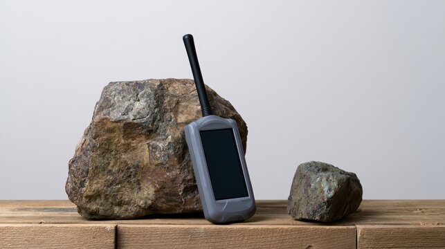 A rugged handheld device with antenna on wooden surface and rocks