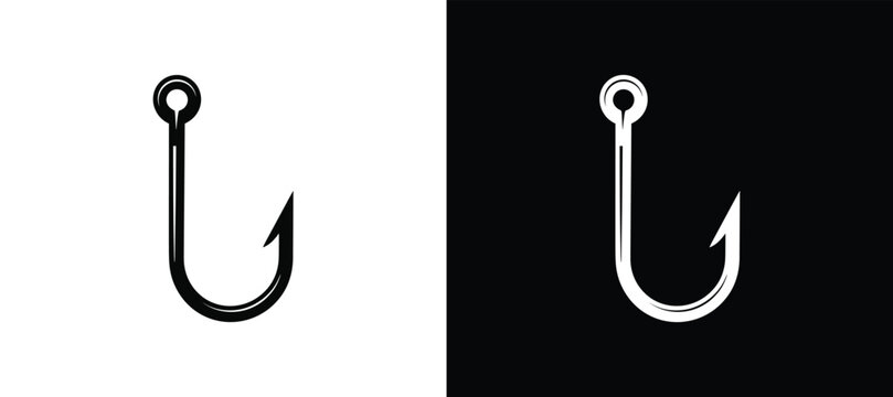 Fishing Hook Icons: A pair of classic fishing hooks rendered in simple, bold graphic style. sharp tool, bait holder, fishing accessory, angling equipment, symbol.