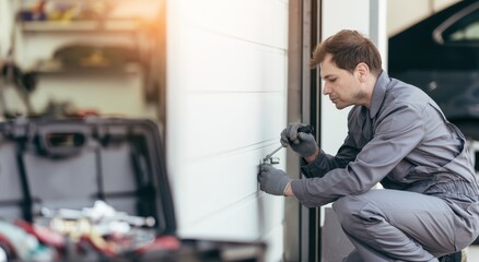 Fototapeta premium A man in a gray uniform repairing a garage door with tools
