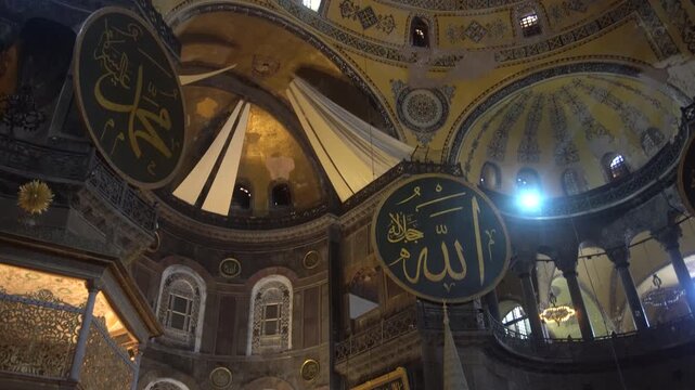 Interior of Sultan Ahmed Mosque Blue Mosque in Istanbul with Historic Ottoman Islamic Architecture and Illuminated Prayer Hall