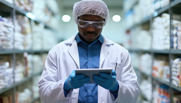 A pharmacist in a lab coat using a digital tablet in a pharmacy warehouse