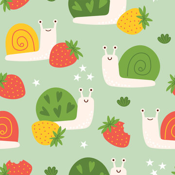 Cute snail seamless pattern with strawberries and smiling garden snails. Funny nature background for kids fabric, nursery decor, wrapping paper and textile. Vector illustration.