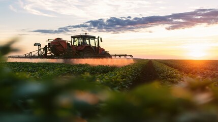 Fototapeta premium A red tractor sprays a field at sunset with a beautiful sky