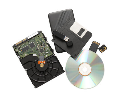 Different memory storage devices on white background