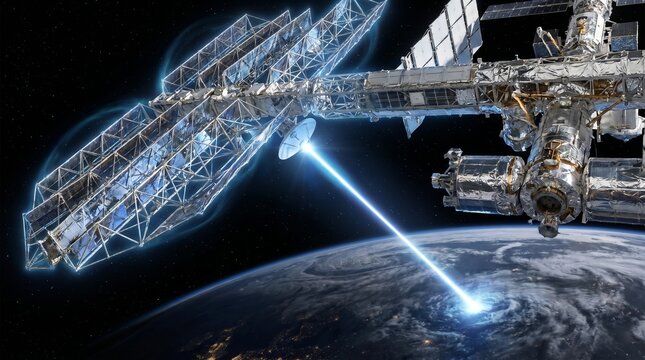 Futuristic Space Solar Power Station Beaming Energy to Earth from Orbit