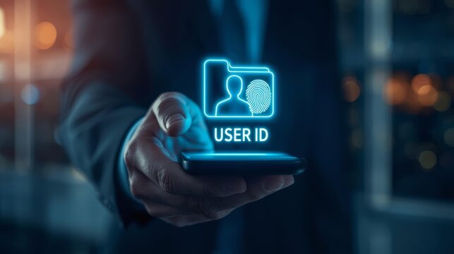 Businessman Holds Smartphone with Holographic User Id Interface