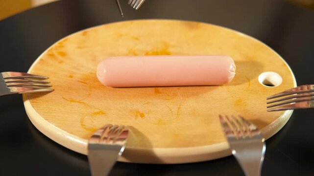 Close-up view of a person slicing a single sausage into several small pieces with a knife and fork on a wooden cutting board, with many forks ready to grab a portion of the food