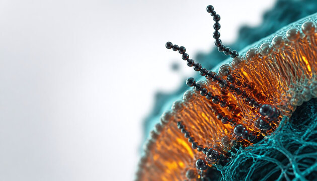 Hydrocarbon molecular chains infiltrating a cellular lipid bilayer membrane, microscopic cross section with copy space