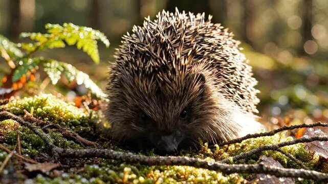 Curious Hedgehog Foraging in Sun-Dappled Forest