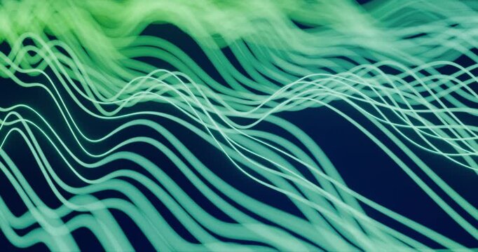 Abstract neon green flowing wave lines on dark blue background looping animation