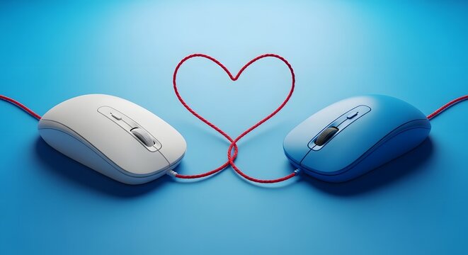 Creatively arranged computer mice with red cables forming a heart, symbolizing online relationships, digital connection, and modern romance