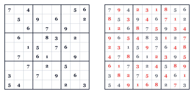 Sudoku puzzle with completed solution comparison, concept of logical thinking, concentration and mathematical brain training