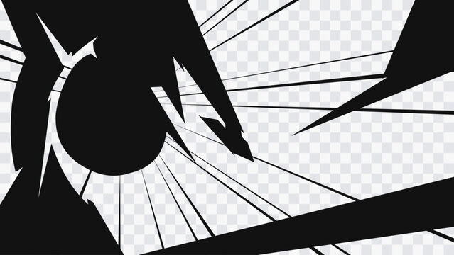 Abstract manga impact burst with sharp black spikes and dynamic radial speed lines on transparent background.