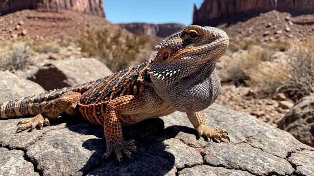 Bearded lizard sunning on desert rock