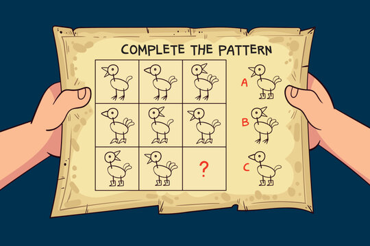 Educational children worksheet with a bird pattern puzzle. Kids find the missing figure in a grid, building logic, attention, and pattern recognition skills. Funny vector illustration
