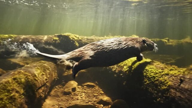 Beaver swimming underwater in a mossy river
