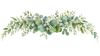 A graceful watercolor eucalyptus garland border featuring soft green foliage, delicate white flowers, and tender berries illustrated in an elegant natural botanical style. © liana