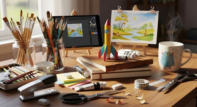 A well-organized and inspiring creative workspace showcasing a blend of traditional art supplies and modern digital tools, ready for artistic exploration and craft projects