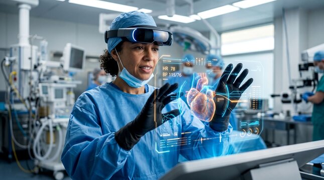 Female surgeon wearing a virtual reality headset uses augmented reality to examine a 3D heart in an operating room.