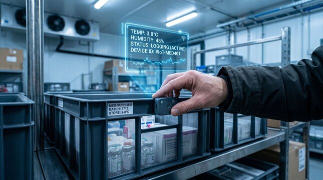 A person's hand interacts with a sensor on a crate showing holographic data in a cold storage warehouse.