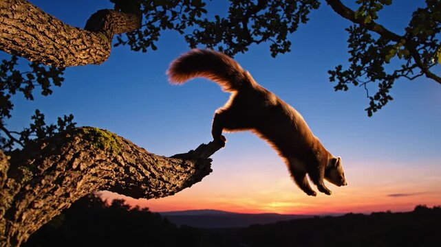 Agile Squirrel Leaping From Oak Branch at Sunset