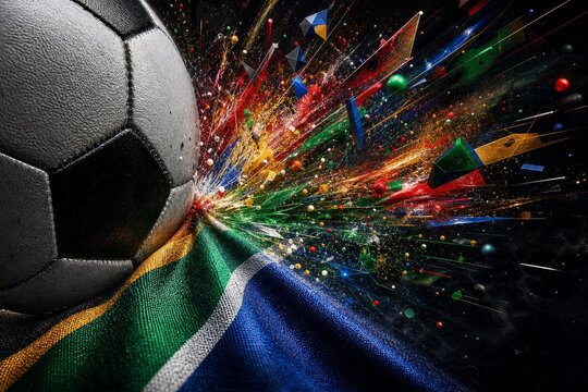 South Africa national football team wallpaper, banner, poster, background. South Africa flag and soccer ball with abstract light explosion representing energy and passion.