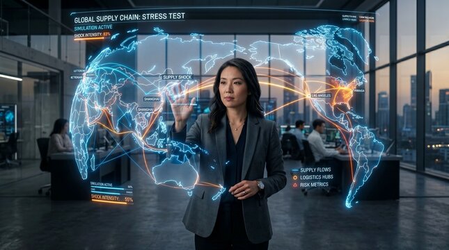 Confident Asian businesswoman interacting with a futuristic global supply chain stress test holographic display in a modern office