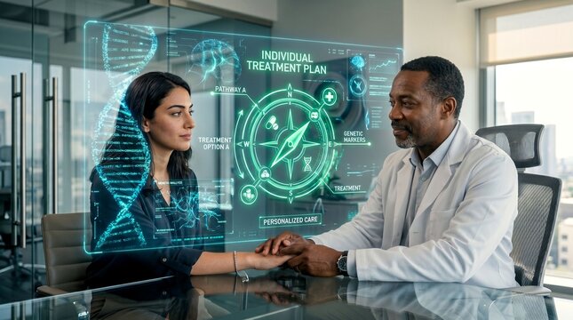 A doctor holds a woman's hand while discussing her individual treatment plan with a futuristic holographic display in an office.