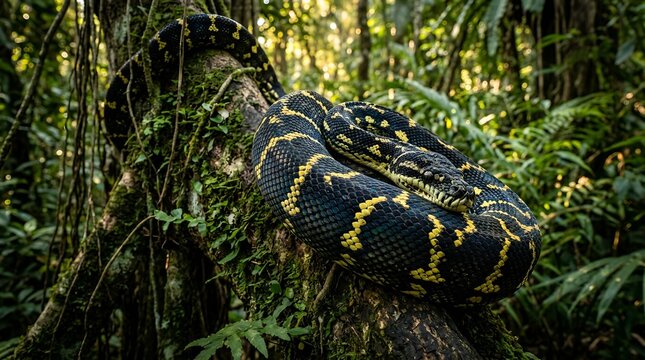 Black and yellow patterned snake coiled on tree branch.